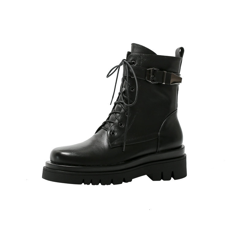 

2021 New Cow Leather Ladies Women Ankle Lace Up Autumn Winter Buckle Boots Platforms Comfort Casual Shoes Woman Rjjh, Black