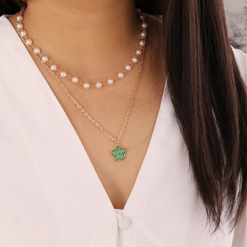 

2020 Imitation Pearl Choker for Women Green Black Star Pendant Necklace Cute Layered Clavicle Chain Gold Color Chocker Jewelry