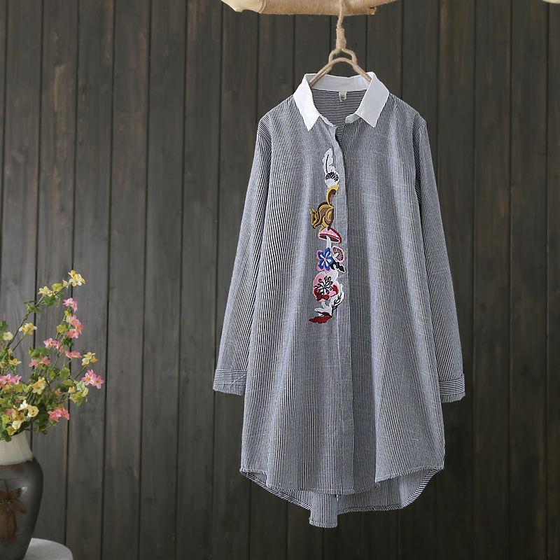 

2021 New Chic Embroidery 100%cotton Sleeve Shirt Women Vintage Casual Long Blouse Roupa Feminina Blusa Womens Tops and Blouses V6kn, Beige