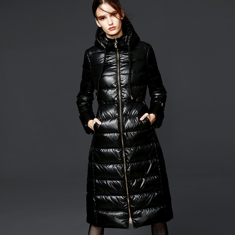 

High Quality the Drawer of Women Long Black Jackets Brilliant Flat Duck Down Parka Winter Mirror Office Mrs with Hood Coats Yiwf, Bright black