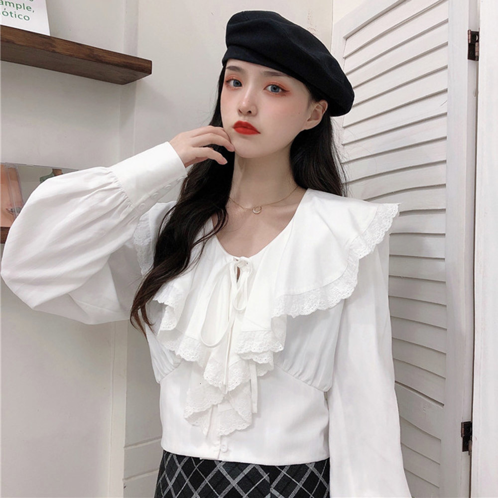 

2021 Japan Style Korean Fashion Blouse Spring Autumn New Loose Simple Thin Lace Stitching Lantern Sleeve Lotus Leaf Collar KGWT, White