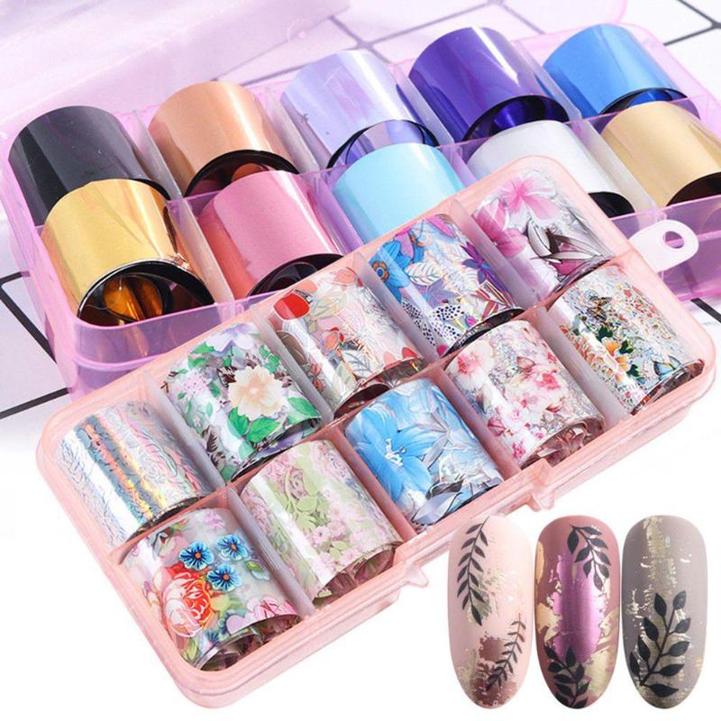 

10 Sheets Nail Foil Nail Art Stickers With Color Flower Gilding Pattern Transfer Foil Accessories for Manicuring Design, 19