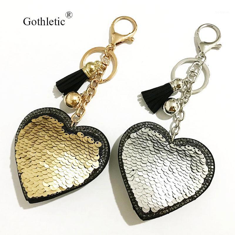 

Gothletic Two Tone Gold/Silver Color Sequin Puffy Heart Key Ring Bag Accessories1