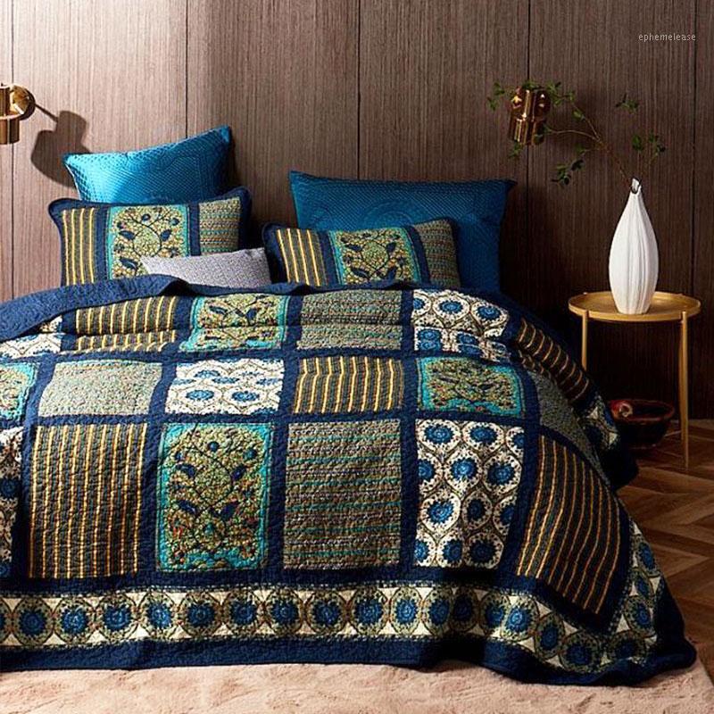 

Vintage Patchwork Bedspreads For Bed Cotton Quilt Set 3pcs Quilted Quilts Handmade Bed Cover  Queen Coverlet Summer Blanket1, Sky blue