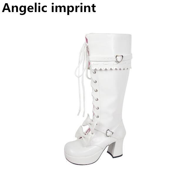 

Angelic imprint mori girl Women boots lady lolita high thick heels warm Boots woman princess dress pumps shoes bowtie white 8003, Black