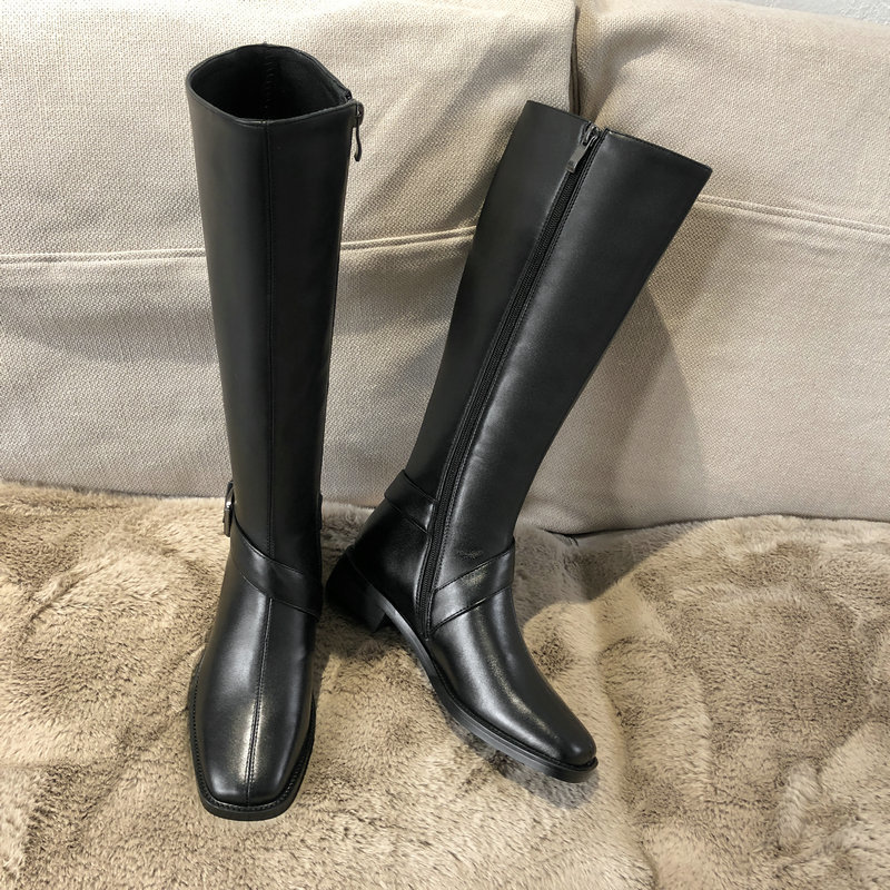 

2021 New Elegant Fashion Winter Newest Knee High Boots Genuine Leather Square Toe Thick Heels Party Shoes Woman D9io, Brown