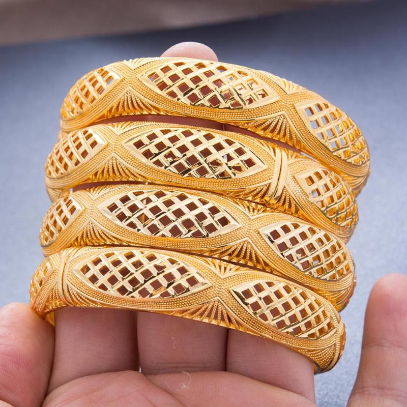 

4Pcs/lot African 24k Gold Color Bangles For Women Girls Dubai Bridal Wedding Wife Gifts Copper Bracelet Jewellery