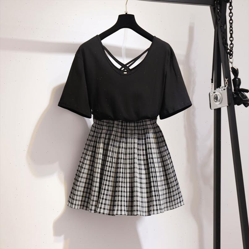 

Korean Style 2 Piece Set Women Summer Outfits Plaid Skirt Cute Plus Size Set Clothes Streetwear Girl Two Piece Skirt Set, Black