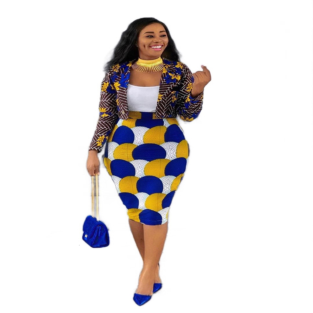 

European and American Women's Printed Fashionable Casual Short Suit Skirt African Two Piece Long Sleeve Ol Commuting, Gray