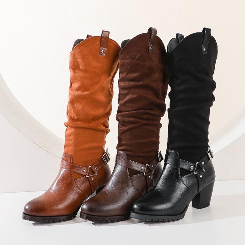 

Plus size 34-48 New Retro women boots thick high heels autumn winter warm boots cowboy western Med calf women shoes c20-11, Black