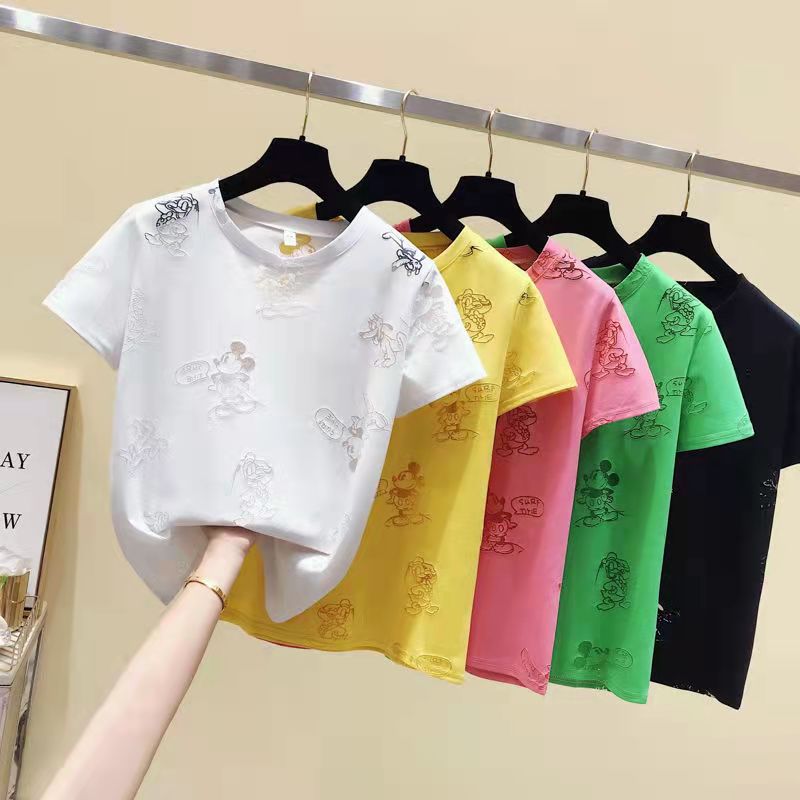

2022Women's T-Shirt 2021 summer Korean Hollow Out Sweet Heart T Women Short Sleeve Fashion Slim Tee Femme Ins Tops..99, White
