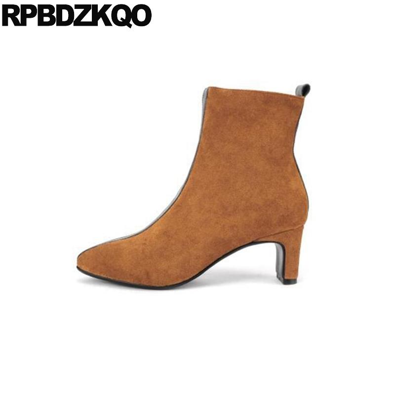 

yellow square toe short black chinese designer suede women ankle boots medium heel block autumn fall shoes booties 2020 chunky