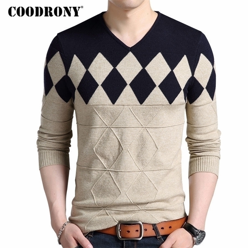 

COODRONY Cashmere Wool Sweater Men Autumn Winter Slim Fit Pullovers Men Argyle Pattern V-Neck Pull Homme Christmas Sweaters 201201, Orange