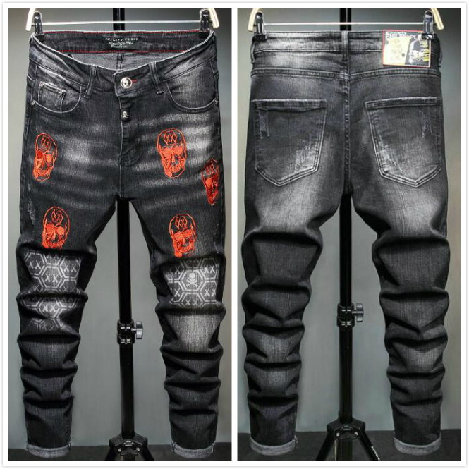 

21ss men's brand designers jeans distressed ripped slim fit biker denim pants mens leisure fashion jeans skull jeans 13s, Blue