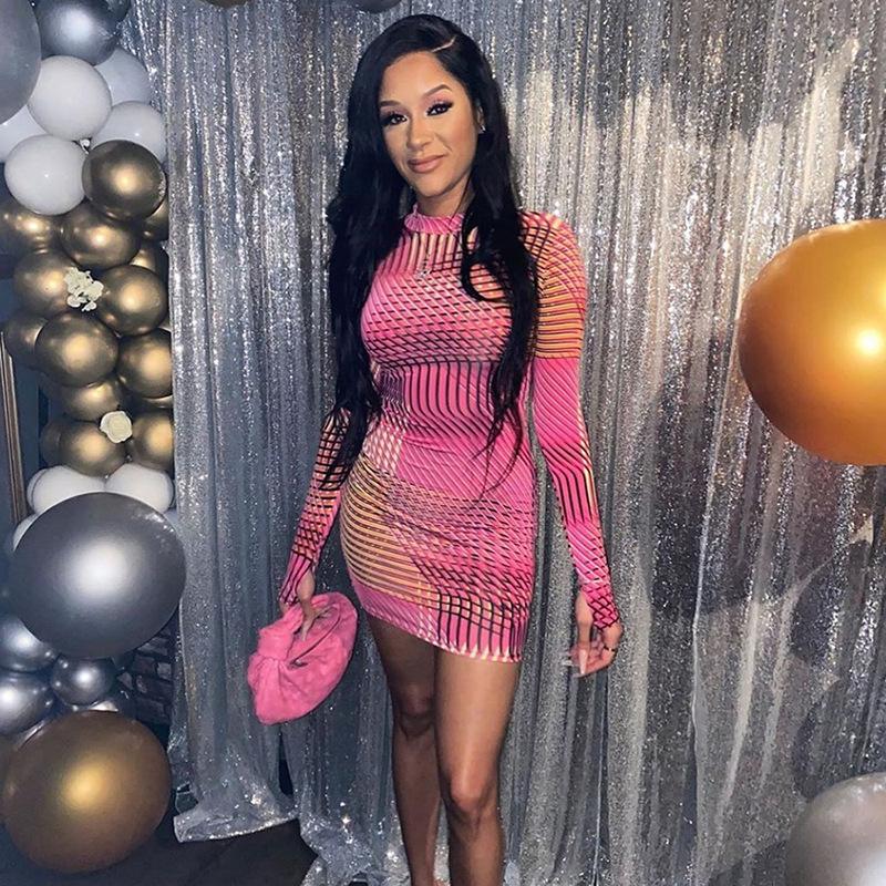 

Women' casual dress contrast color slim fit bag hip temperament printing high waist round neck sexy business dress, Pink