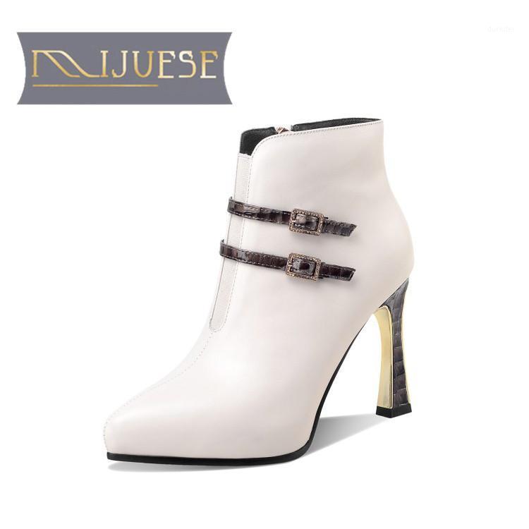 

MLJUESE 2021 women Ankle boots Cow leather Winter short plush Pointed Toe Zipper Buckle Strap High heels female boots size 391, Beige
