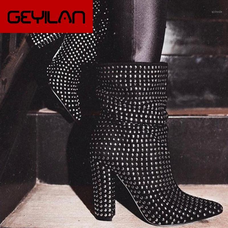 

Plus Size 42 Luxury Design Boots Women 11cm High Heels Fetish Block Rivets Studded Heels Ankle Boots Chunky Stripper 2020 Shoes1, Black