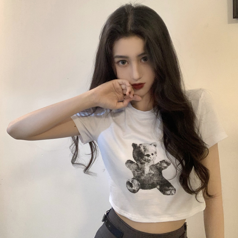 

2021 New summer bear style cartoon print short sleeve design T-shirt women's tops harvest (c2392) 7C6C, White