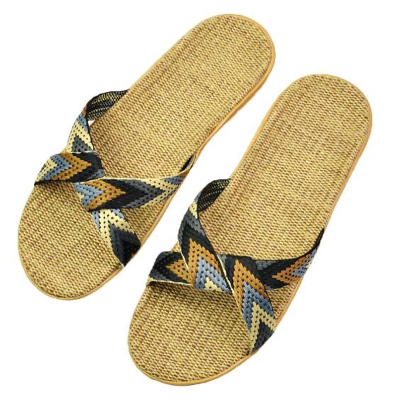 

Men's Summer Linen Slippers Designer Cross Flax Slippers Male Beach Flip Flops Men Slides Indoor EVA Home Shoes Boy's Sandals #Z867, Black