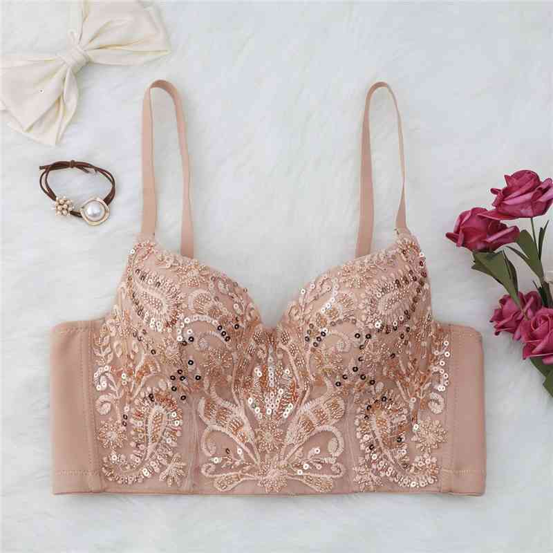 

embroidered sequined camisole elastic shaping underwear gathered bras cropped female performance clothing y1137, White