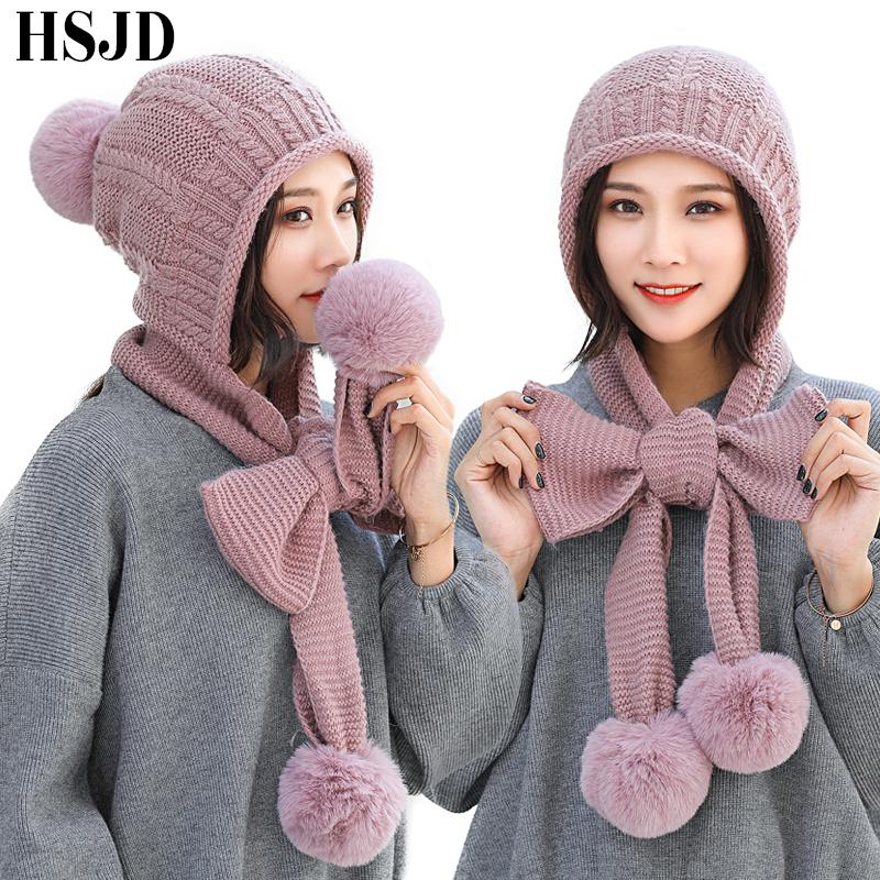 

2020 New Sweet Bowknot Knitted Hats Scarf Set Women Winter Warm Pompon Beanies Hat Ski Caps for Girl thick Skullies female cap, Pink
