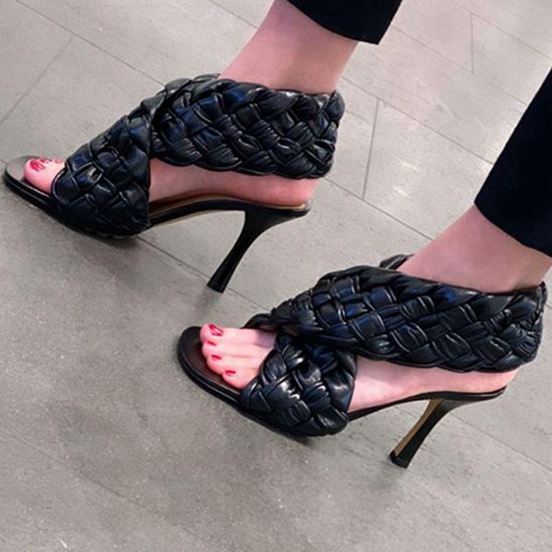 

Summer Luxury Designer Weave Leather Sandals Women Sexy Stiletto High Heels Dress Shoes Slip On Peep Toe Pumps Shoes Lady Sandal, Beige