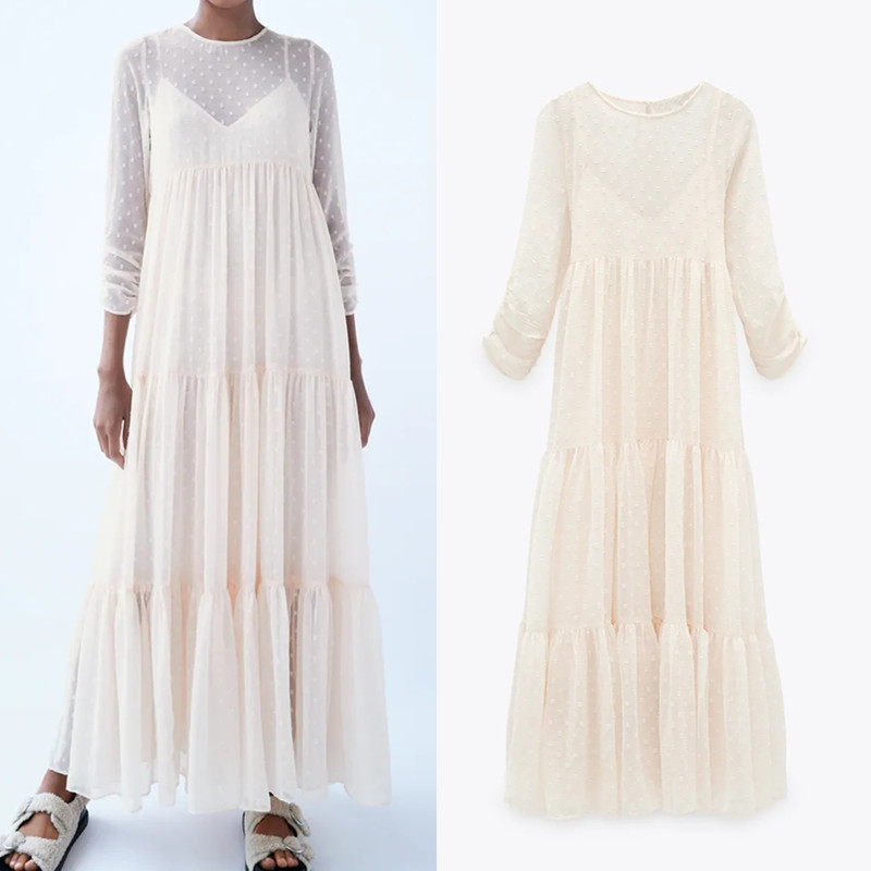 

Za 2020 Dotted Mesh Dress Women Long Sleeve O-neck See Through Tulle Midi dress Fashion Ruffle Fairy Loose Long Ladies Dresses LJ201203, Beige