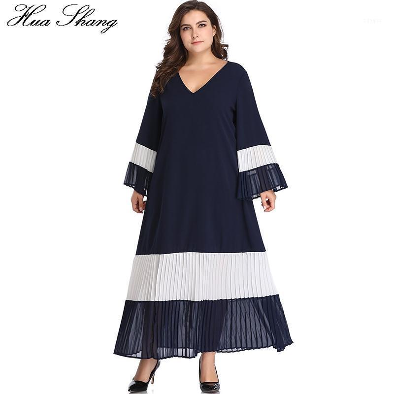 

Women Summer Long Sleeve Dress V Neck Flare Sleeve Elegant Patchwork Pleated Long Boho Dress Loose Plus Size Tunic Beach Dresses1, Navy blue