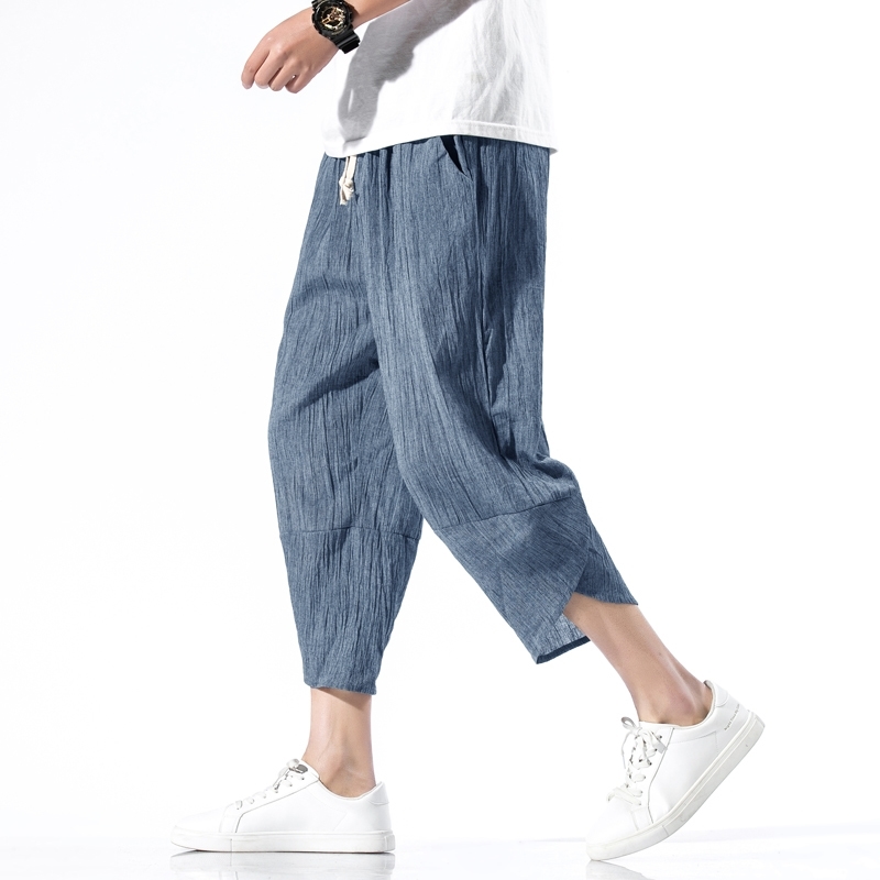 

Mens Cotton Linen Cropped Cross Pants Summer Men Wide-Legged Bloomers Calf-Length Trousers Male Chinese Style Harem Pants 201126, Linen grey