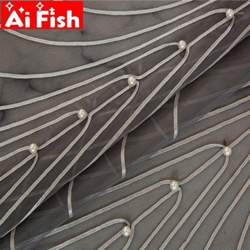 

Braided embroidered window screen simple white pearl horizontal stripes bedroom tulle gray translucent balcony voile MY496#41, Light grey