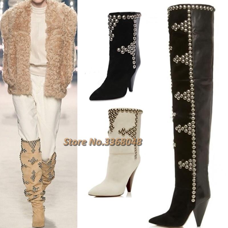 

Spike Heel River Handmade Boots Sexy Pointed Toe Slip On Patchwork Women Runway Dress Boots Over The Knee Studded Fashion Winter, Brown