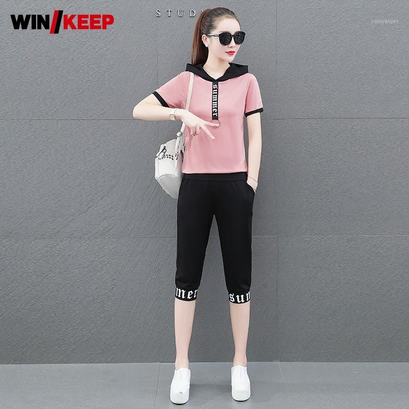 

Leisure Tracksuit Women Summer Short Sleeve Pullover Hoodies Calf-Length Pants Two Piece Set Outdoor Sport Suit Plus Size 4xl1, Yellow