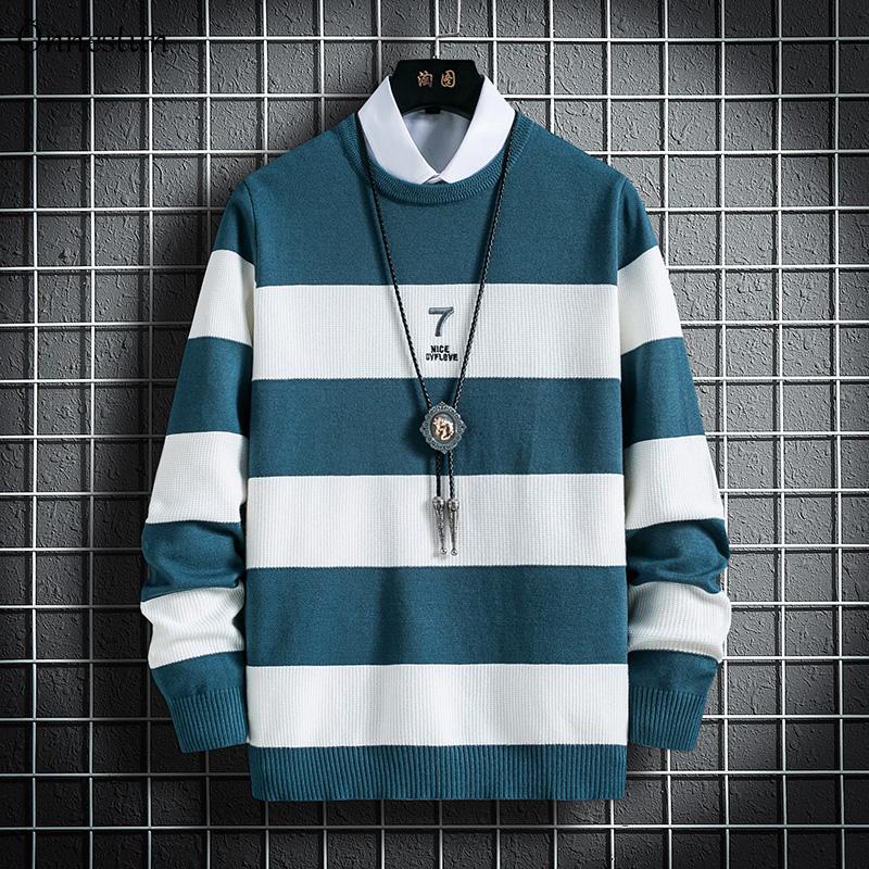 

Onnestun Sweater Men New Autumn Winter elasticity Men's Knitted Pullover Casual Round neck Long Sleeve Warm stripe Sweater Men, Black