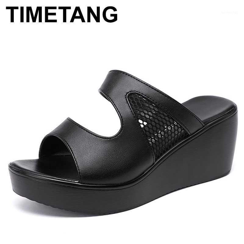 

TIMETANGWomen Summer Shoes 2020White Black Fashion Split Mesh Leather Shoes Wedge Platform Plus Size Beach Slippers Ladies1, Black 6cm