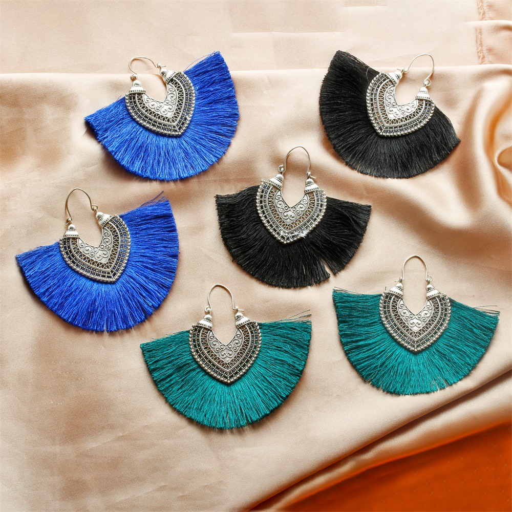 

New fashion creative earrings Exaggerated retro fan-shaped tassel earrings boho earrings, Silver