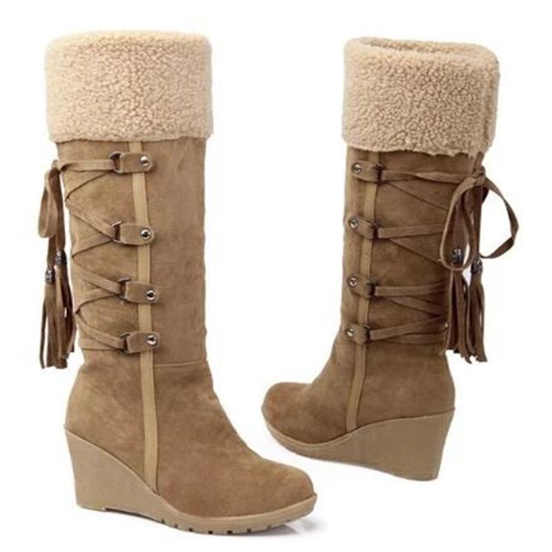 

Winter Shoes For Women Knee-High Boots Snow Boots Women Winter Warm Fur Wedge Thick Bottom Female Shoes Plus Size 35-43, Khaki