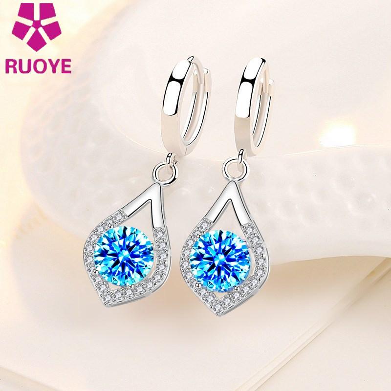 

Dangle & Chandelier 925 Sterling Silver Drop Earrings Blue Pink Luxury Crystal For Women Korea Fashion Jwewelry 2021
