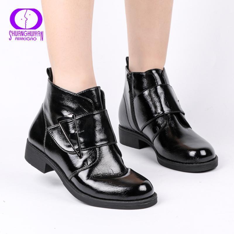 

AIMEIGAO 2021 Winter Patent Leather Ankle Boots Women Plush Black Shoes Female Warm Round Toe Platform Heel Basic Woman Boots PU1