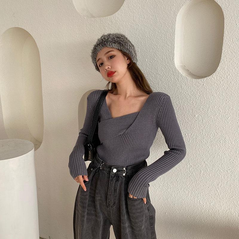 

New Autumn Winter Base Sweater Women Loose Solid Long Sleeve Square Collar Sweater Female Warm Cropped Knitted Tops Ladies Y676, Black