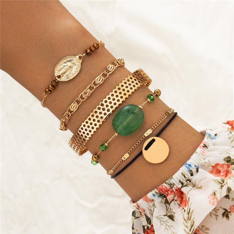 

Charm Bracelets 6PCS/Set Gold Link Chain For Women Green Natural Stone Set Women's Boho1