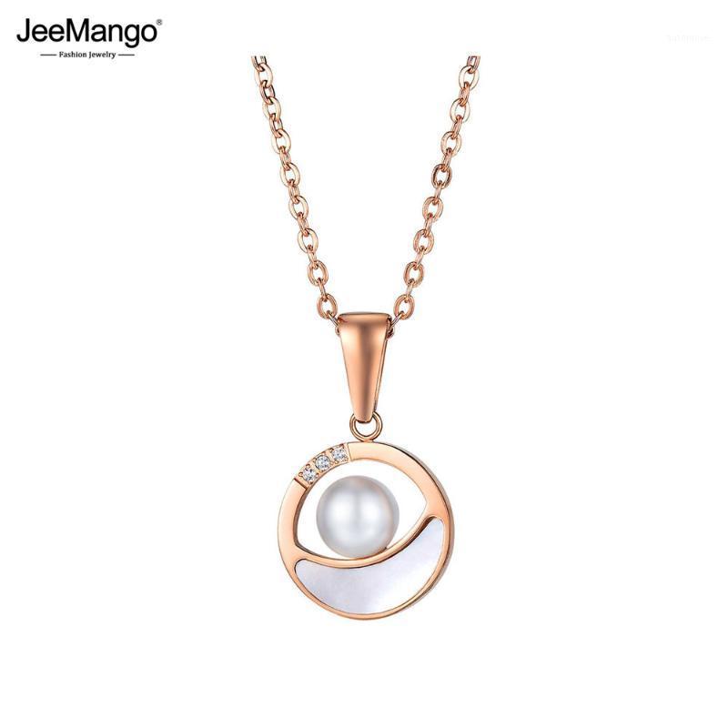 

JeeMango Trendy Stainless Steel White Pearl Pendant Necklace Rose Gold CZ Crystal Charm Choker Necklace For Women Girls JOGX16661