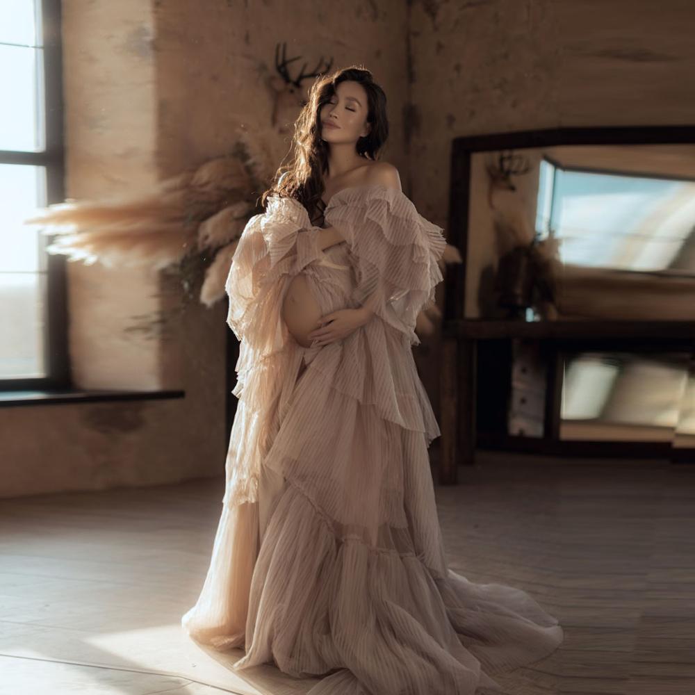 

Off Shoulder Ruffle Maternity Prom Dresses Photo Shoot Props Maternity Photography Gown Kimono Women Evening Robe Bathrobe Sleepwear, Sage