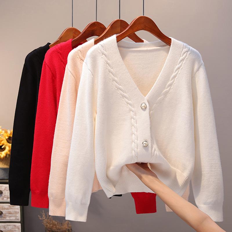 

Women's Knits & Tees AOSSVIAO Women Cardigan Autumn Winter V Neck Pearl Single Breasted Loose 2022 Thicken Sweater Sweet Long Sleeve Knittin, White