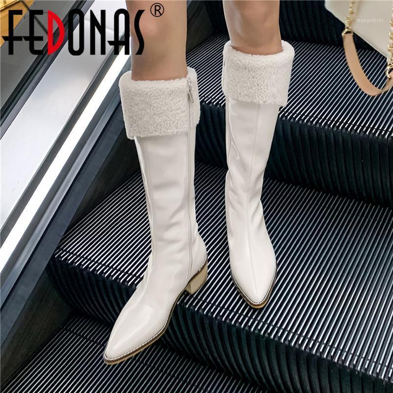 

FEDONAS British Style Ladies Shoes Winter Keep Warm Knee High Boots Side Zipper Thick Heels Shoes Woman Heels Party Winter Boot1, Brown