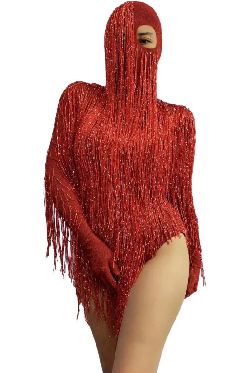 

2020 Women Dance Costumes Nightclub Bar Dj Prom Birthday Celebrate Dresses Full Fringe Long Sleeves Bodysuit Stage Wear DQS5714, Red