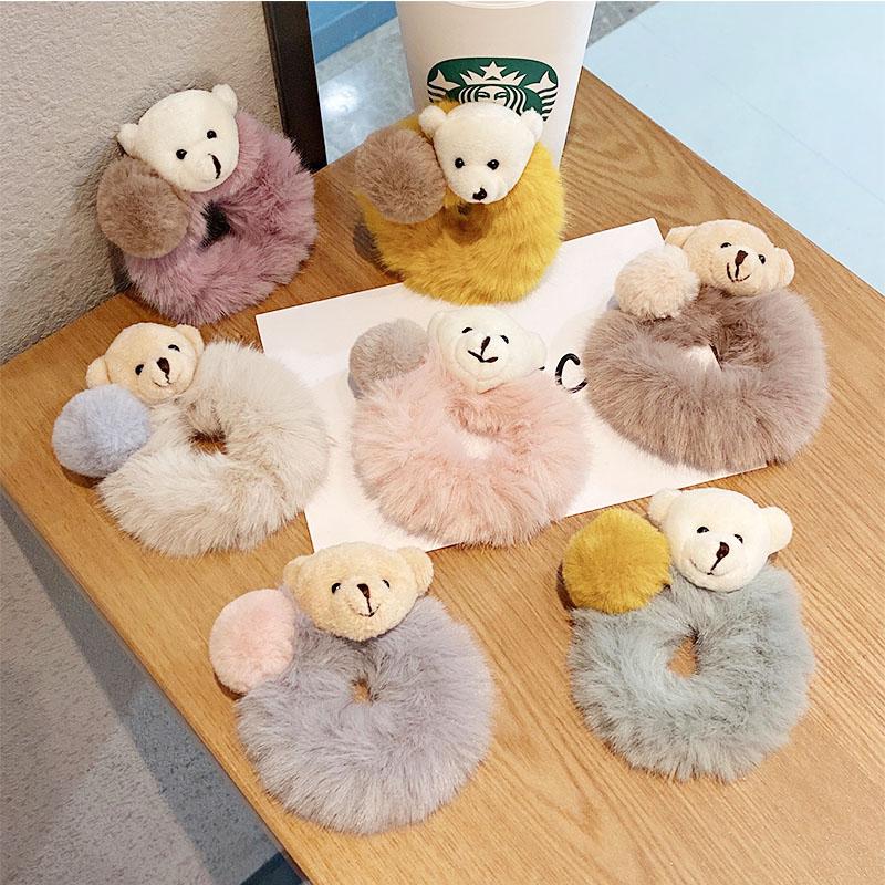 

Korean New Women Girls Cute Cartoon Bear Hairball Plush Soft Scrunchie Rubber Bands Headband Hair Bands Fashion Hair Accessories