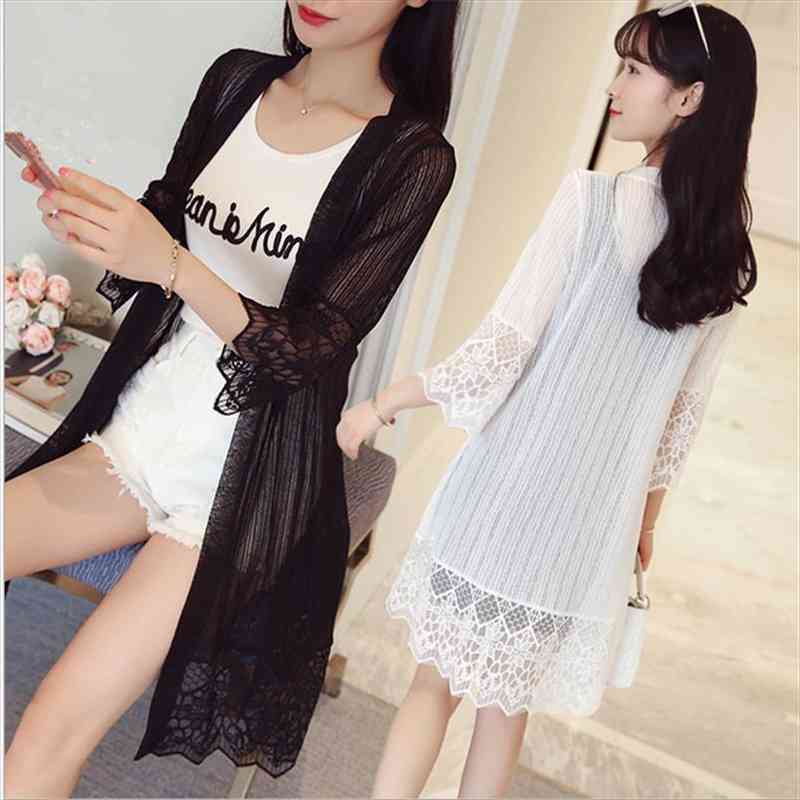 

Fashion Lace Medium Long Solid Color Cardigan Summer Women Outerwear Simple Wearing Fashion Cardigan For Female, White