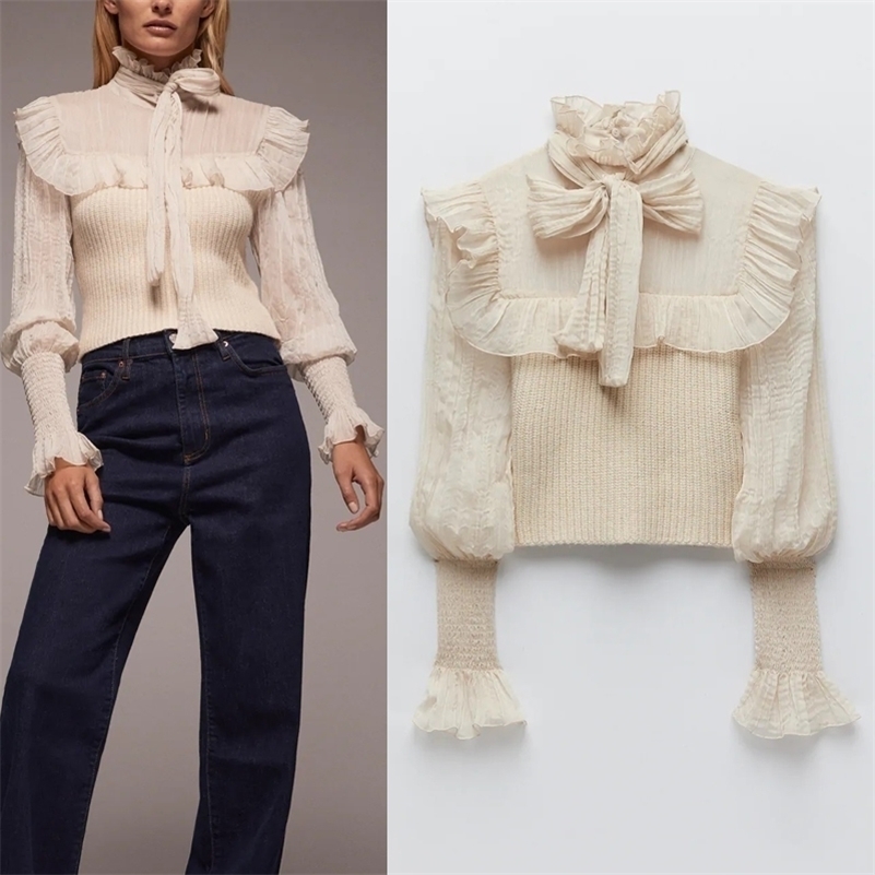 

Za Top Women Contrast Organza Patchwork Cropped Knitted Sweater Woman Fashion High Neck Bow Tied Long Sleeve Ruffle Blouse 201130, Beige
