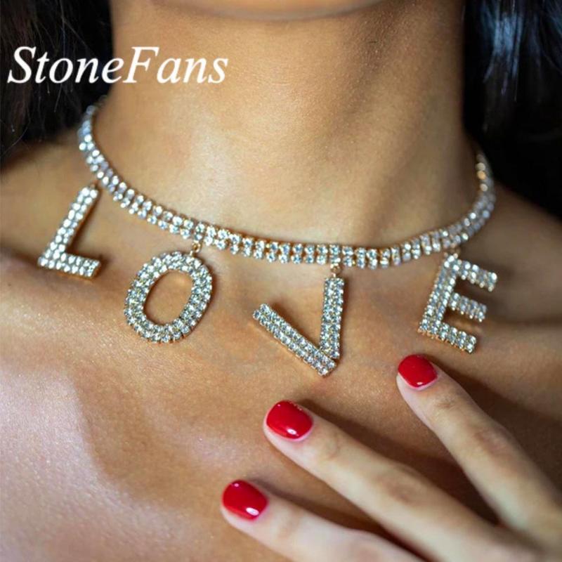 

Stonefans Wholesale Jewelry Letter Necklace Women Gold Silver Color Fashion LOVE New Rhinestone Crystal Pendant Choker Necklaces
