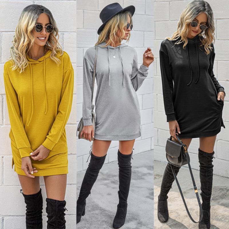 

Women' loose long hoodie casual solid color hooded sweatshirt student autumn and winter loose pullover sweatshirt dress1, Black